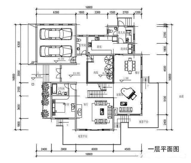 一层布局:厨房,餐厅,客厅,内院,家庭室,卧室,佣人房,洗衣房,卫生间x2