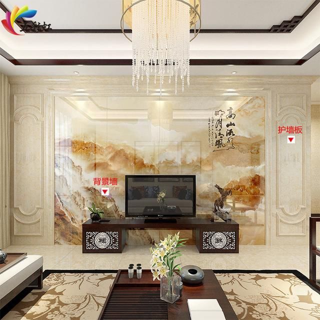6,微晶石背景墙搭配石材护墙板边框造型装修效果图