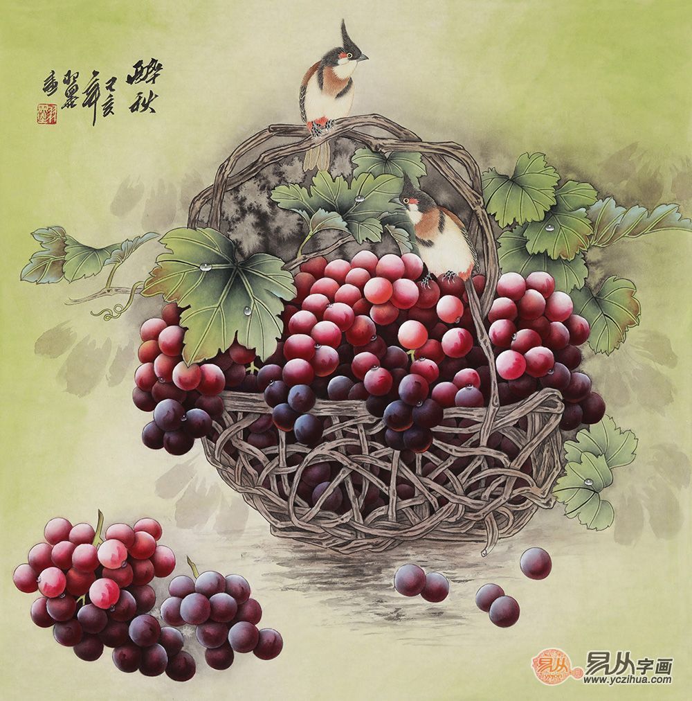 餐厅挂画经典,羽墨硕果累累葡萄画欣赏