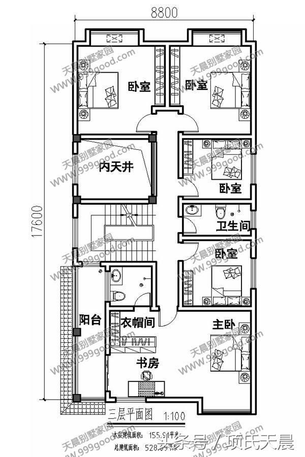 三层别墅设计图:内天井,5间卧室,衣帽间,书房,阳台,卫生间.