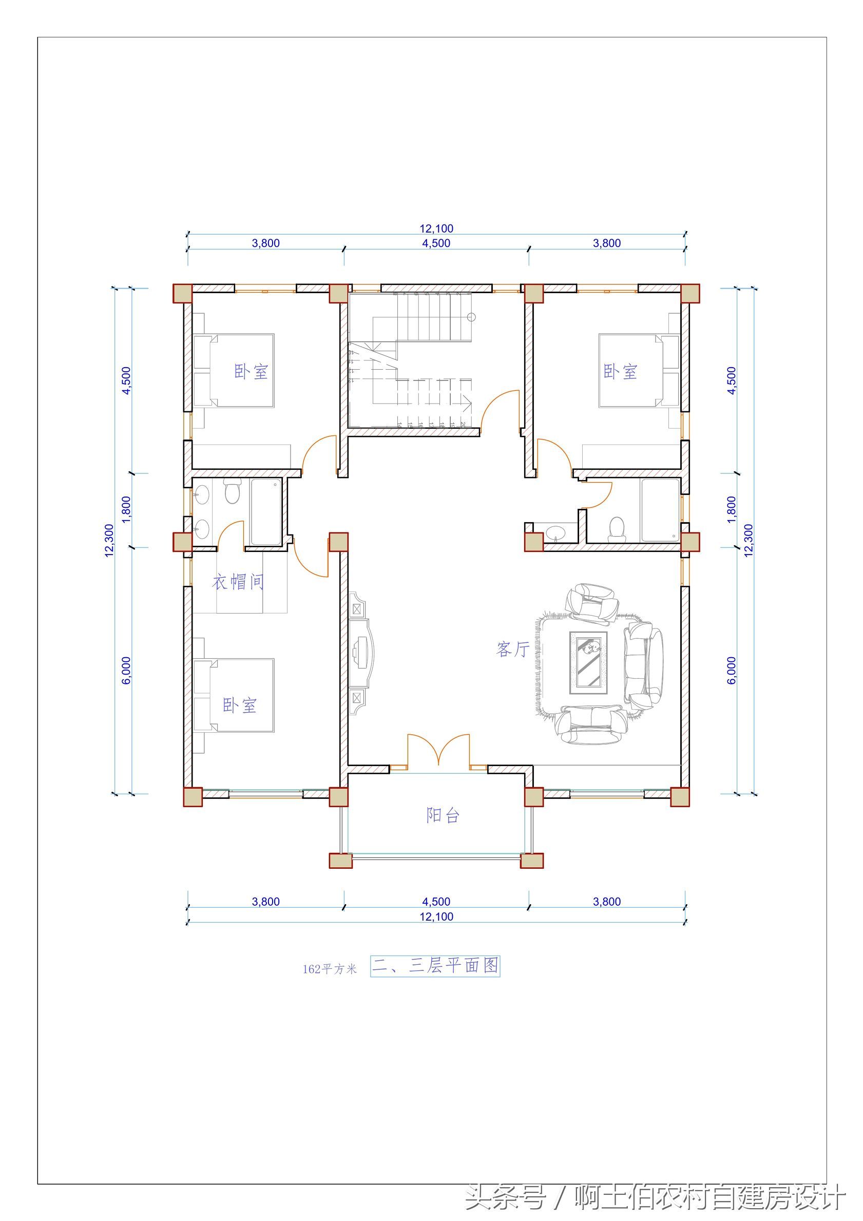 现代简约风格12x12米三层自建房设计图