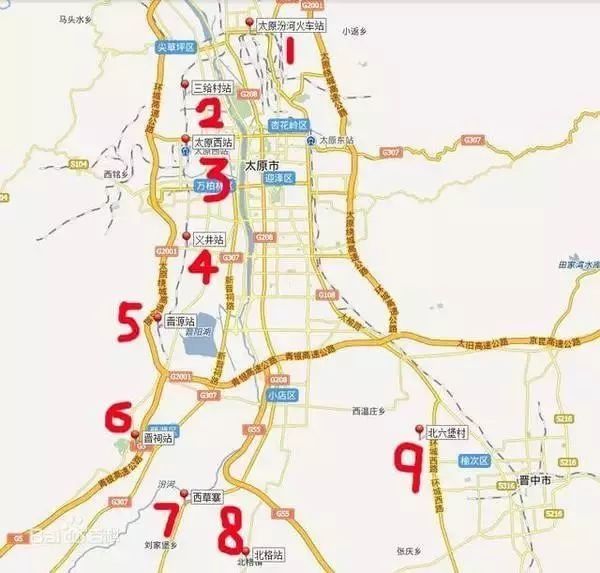 太原铁路枢纽西南环线与 太原站,东站,北站,北六堡,榆次站衔接,形成