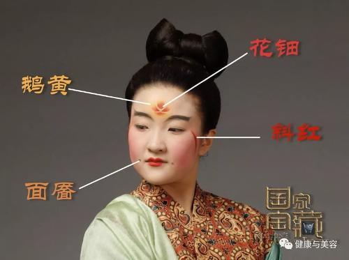 斜红 唐代妆容最引人注目的就是苹果肌旁的红色弧形脸绘,像一个月牙儿