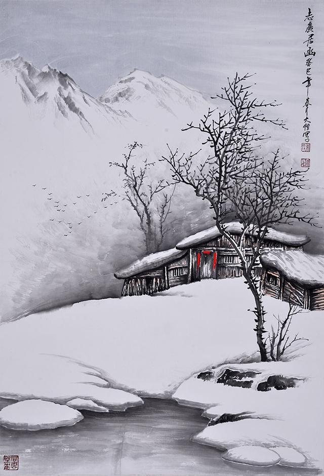 4,雪景山水画 吴大恺四尺竖幅作品《江山十日雪》