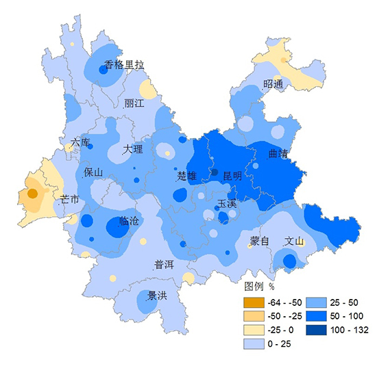 云南省2017年7月距平百分率分布图