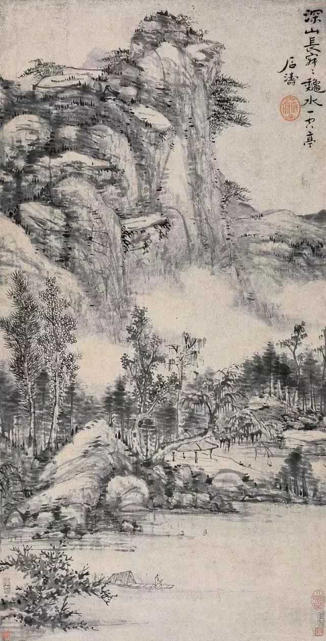 笔法恣肆,离奇苍古而又能细秀妥帖,为清初山水画大家,石涛作画构图新