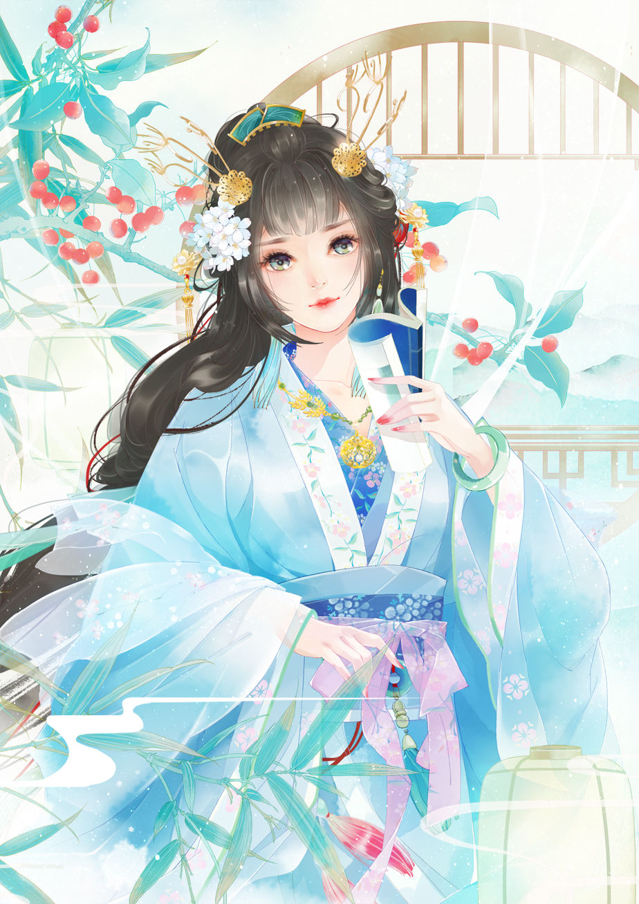 若君为我赠玉簪,我便为君绾长发|插画师饼子会飞动漫女头壁纸