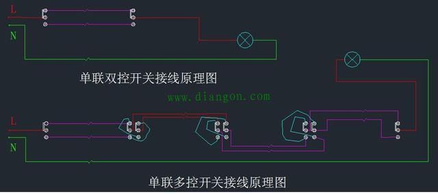 一灯三控开关接线图解_一灯四控开关接线图解_多控开关实物接线图