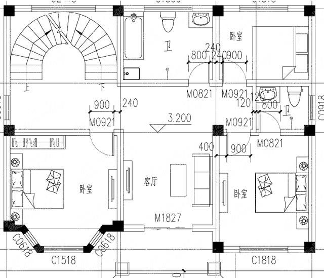 119米25万2厅4卧带旋转楼梯二层别墅设计图