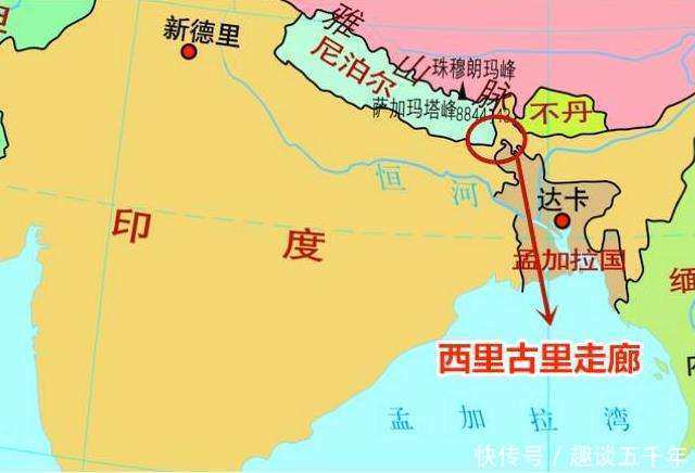 陆上三面被印度包围,在东南方陆地上与缅甸接壤