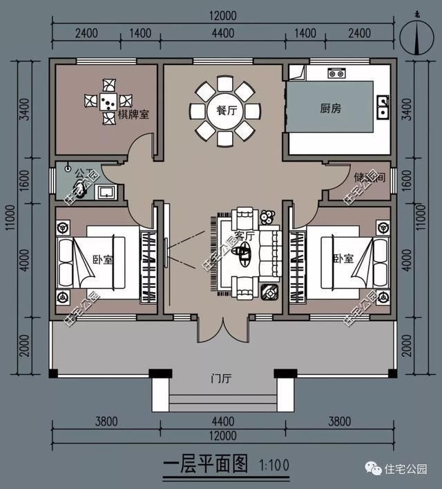 新农村平层别墅,3卧2厅11x12米小户型,2018老百姓盖房