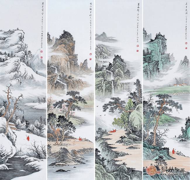 山水名家王宁老师所作《春夏秋冬》山水四条屏,以中国古代雅士闲云孤