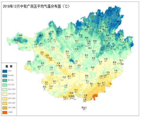 广西2018年12月中旬平均气温分布图(℃)