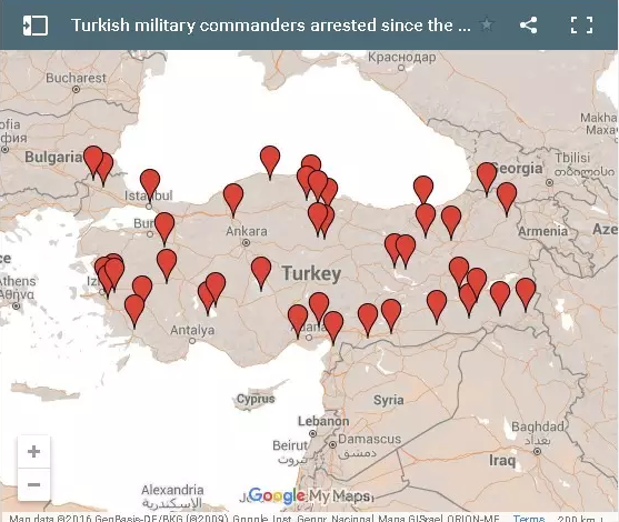 土耳其政变失败，但它带起的风波远未停止。政变发生后土耳其总统宣布全国进入为期三个月的紧急状态。在政变后镇压居伦追随者的行动中，超过6万名士兵、法官、公务员和教育工作者被停职、拘留或接受调查。图为此次被逮捕的土耳其军队人员的分部，可以看到几乎遍及土耳其全国