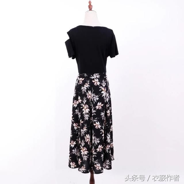 服装纸样分享:单侧露肩 侧开叉 针织棉拼接假两