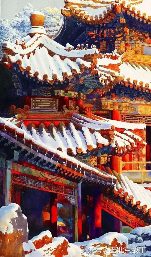 他的水彩画《北京老胡同》《故宫》《长城雪景