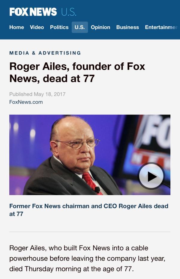 前董事长罗杰·艾尔斯(roger ailes)去世