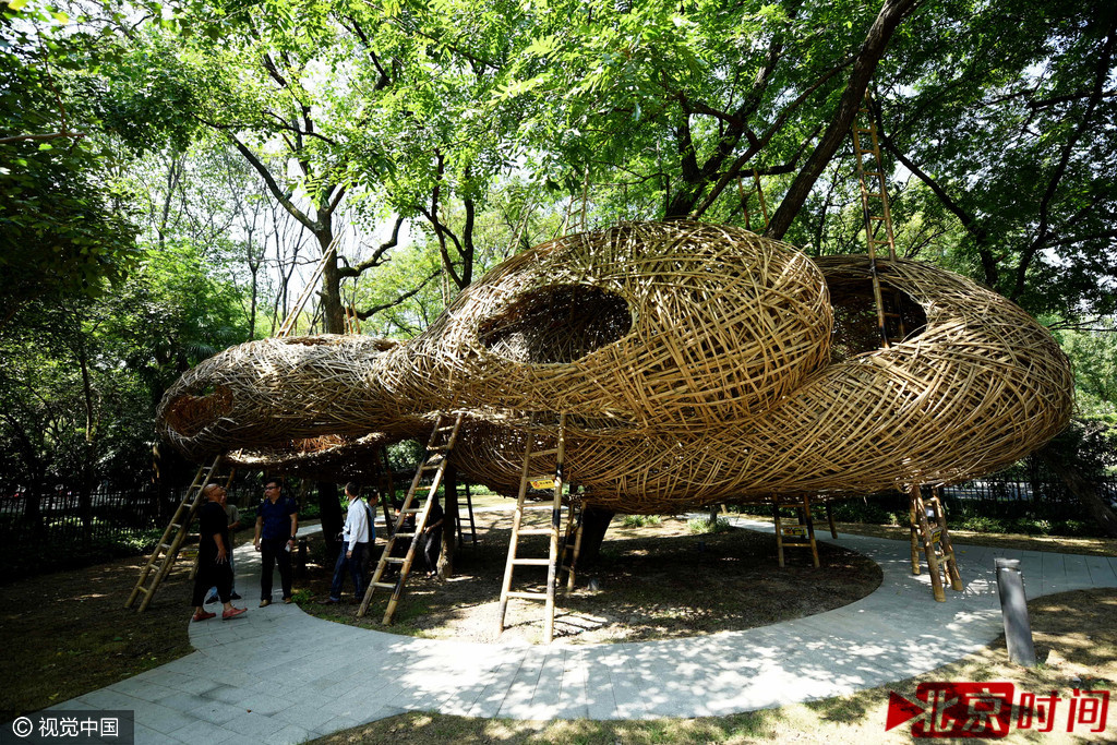 巨型竹编“鸟巢”亮相杭州 重达三吨