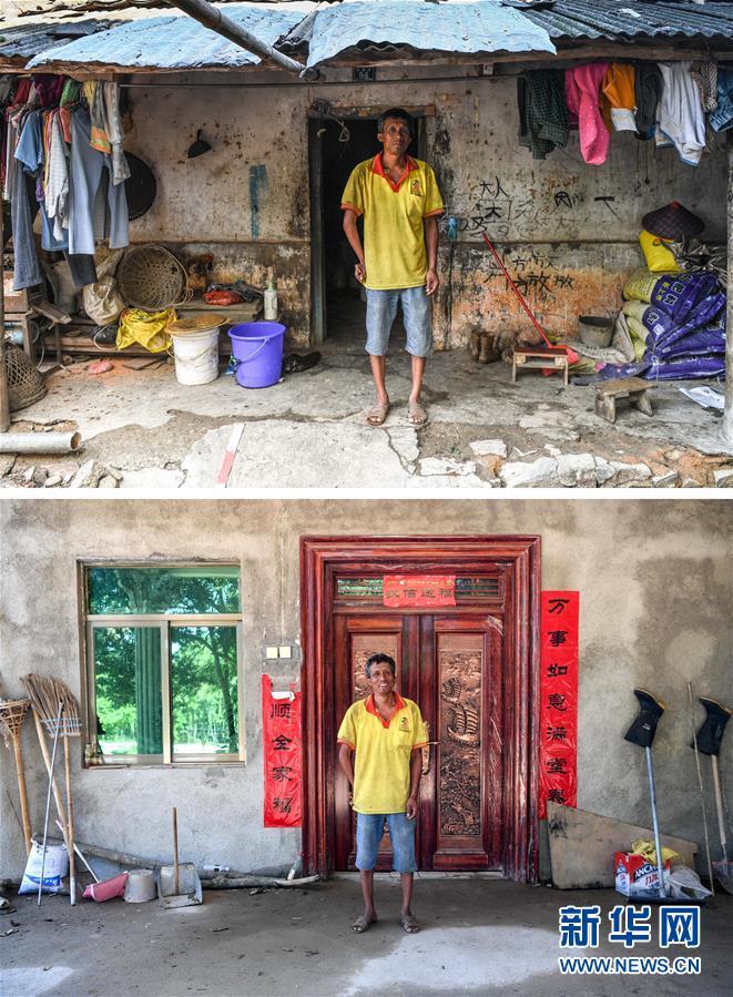 上图：番阳四村村民韦阳弟站在自家老房子的屋内（5月12日摄）；下图：番阳四村村民韦阳弟站在自家新房子的房间内（拼版照片，5月12日摄）。韦阳弟，43岁，番阳四村建档立卡贫困户，右手有残疾，未婚。老房子是和兄弟合住的瓦房、面积50平方米。2016年6月开始盖房，政府补贴4.1万元，2017年1月入住，新房面积80平方米。