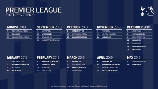热刺18\/19英超赛程:8月至2月每月各一场强强对