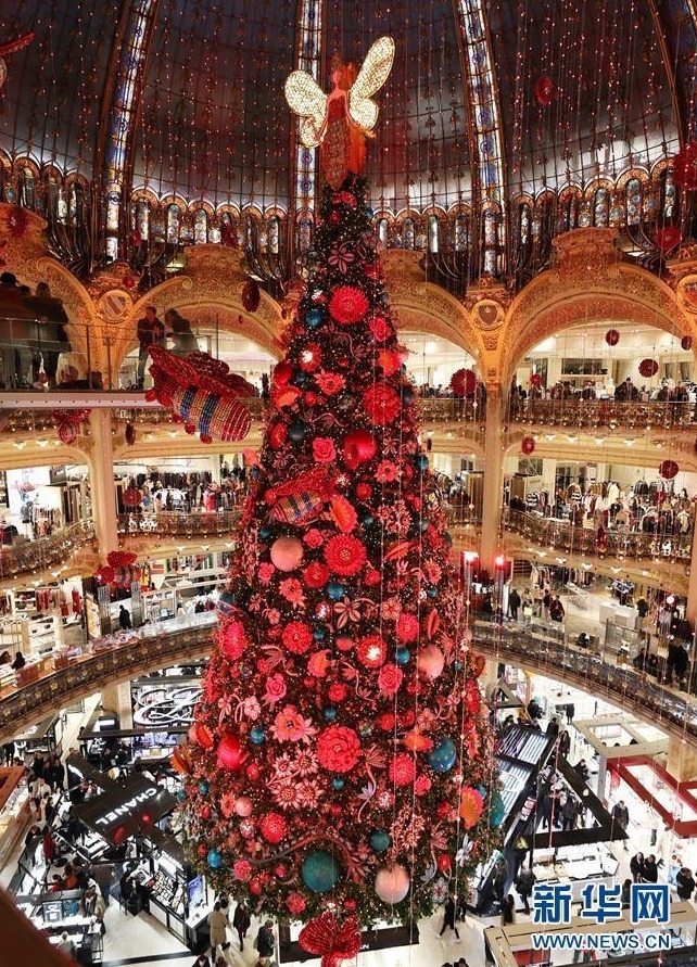  近日，法国巴黎老佛爷百货公司立起巨型圣诞树，璀璨的灯光和精美的造型设计吸引了众多市民和游客前来参观。人们还可以在商场三楼处踏上高16米、长8米的玻璃走廊，与圣诞树“亲密接触”。