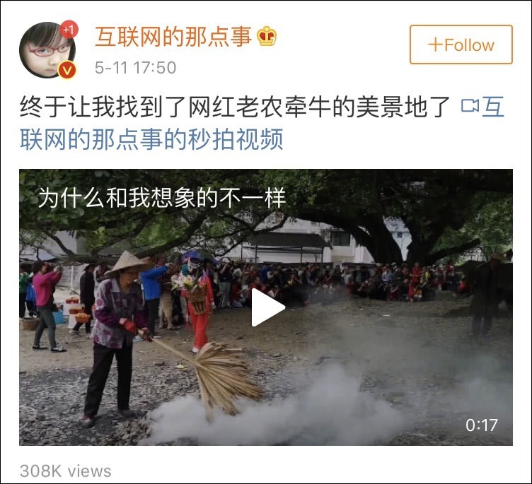 博主@互联网的那些事 上传了一段视频，并附文“终于找到了网红老农牵牛的美景地”。视频中，一位大姐用力挥动着一把巨型“蒲扇”，扇出的滚滚浓烟飘向了一位牵牛的大爷和一位挑担的大妈。而另一边，许多游客围成一圈，纷纷驻足拍照。