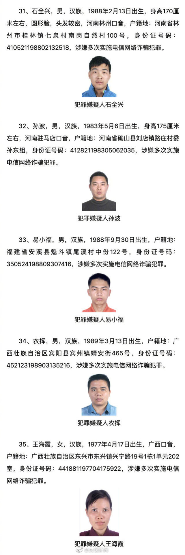 公安部发布A级通缉令:通缉50名在逃人员 抓获1人奖励10万(图8) 公安部发布A级通缉令:通缉50名在逃人员 抓获1人奖励10万(图8)