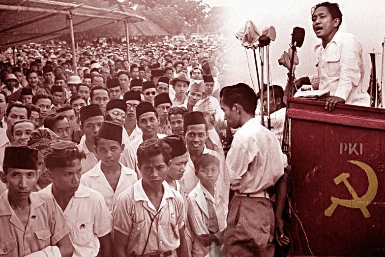 自从1945年,印尼国父苏加诺成功领导独立运动脱离荷兰殖民以来,在外交政策上便越来越向苏联靠拢及倾向共产主义阵营。在印尼共产党和中国的支持和帮助下,苏加诺的印度尼西亚民族党执政政府发展得越来越蓬勃。图为印尼共聚会