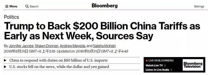 热点 | 外媒称美或下周对华2000亿美元商品加新