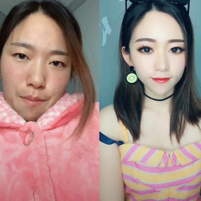 抖音上的漂亮小姐姐化妆前后对比照,原来女神