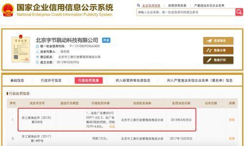 北京市工商局对今日头条行政处罚 没收广告费