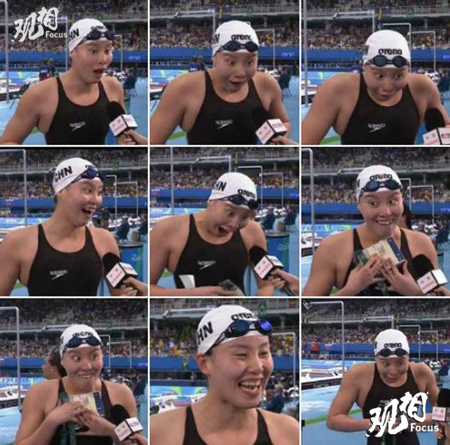 2016年里约奥运会上，在仰泳半决赛赛后央视的一段的采访中，凭借着出众的“洪荒之力”和接受采访时语出惊人的回答、诙谐风趣的表情，傅园慧短短两天便征服了网络上的围观群众，壮大了“胡萝卜”粉丝团队，俨然成为了里约奥运会中国“第一网红”。而这个性格直率开朗的杭州姑娘不仅红爆国内，并且已经早已名扬世界。外媒报道中指出，傅园慧的出现改变了中国长期以来盲目追求金牌的状况。图为傅园慧接受采访的画面。