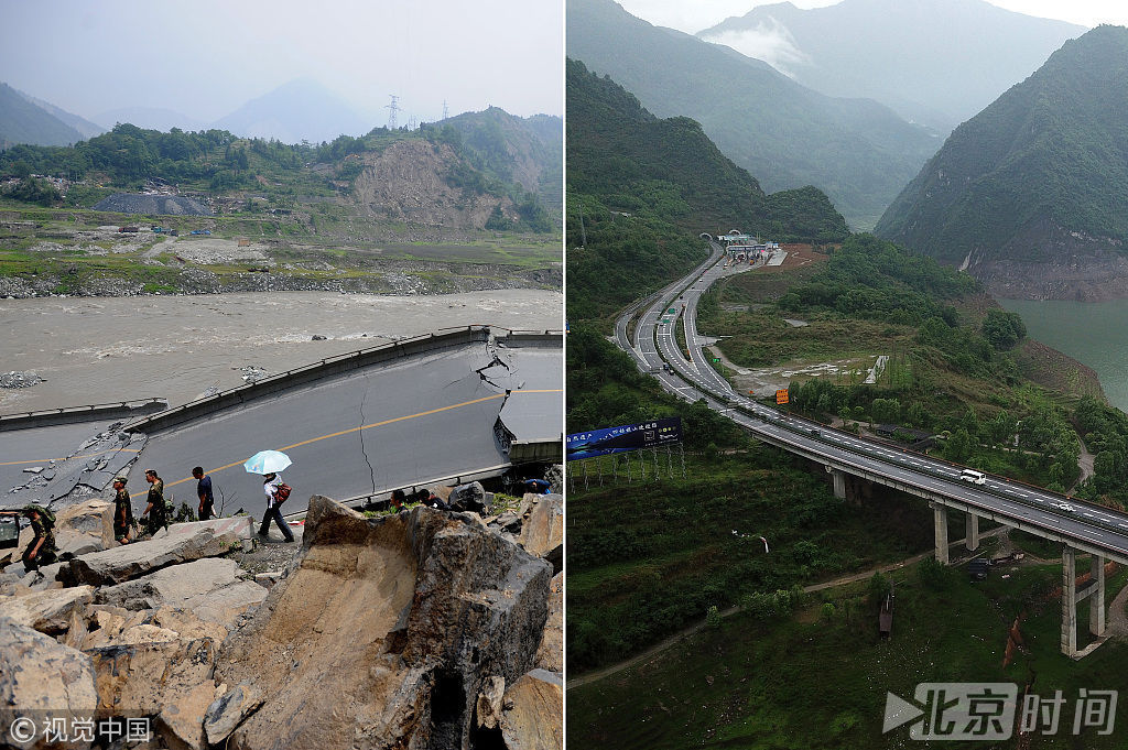 汶川地震十年后的灾区：左图：2008年5月17日，四川阿坝，前往映秀道路上的桥梁垮塌，落石遍地。右图：2018年4月23日，四川阿坝，前往映秀道路已经变成高速公路。