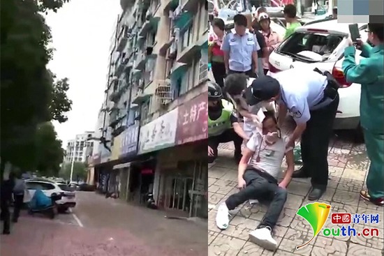 男子酒后与妻吵架从三楼跳下 头部砸中路边宝马车