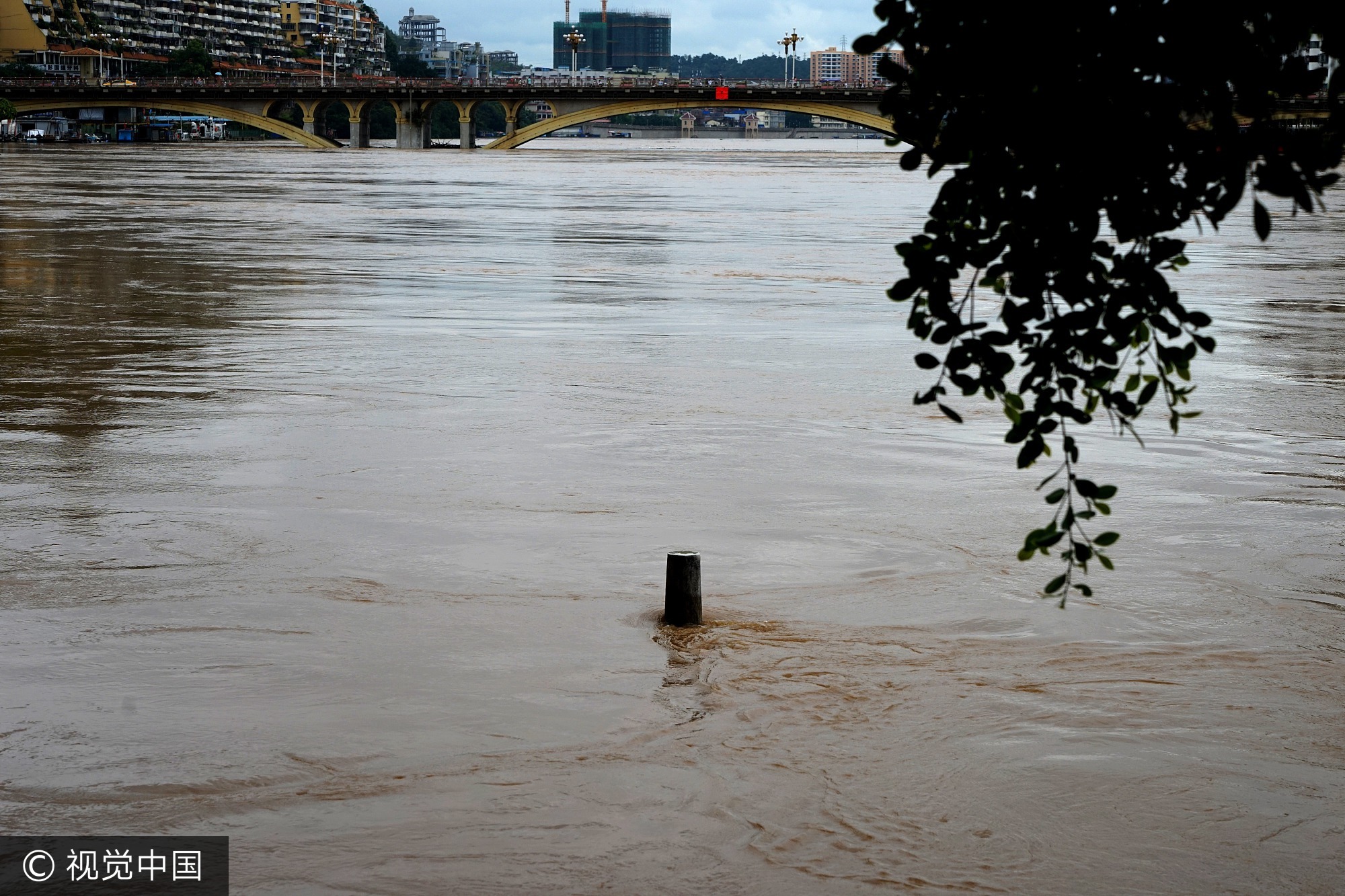 7月4日14时，受上游来水影响，西江广西梧州水文站水位23.09米（警戒水位18.5米），每小时上涨2厘米，梧州市河东区现洪水围城。