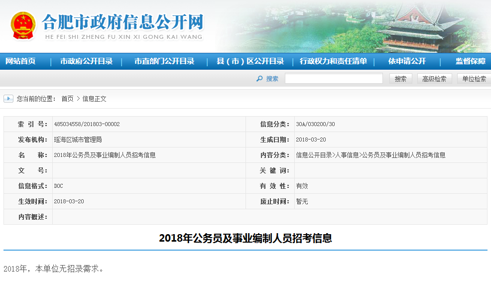 2018年安徽合肥瑶海区城市管理局公务员及事