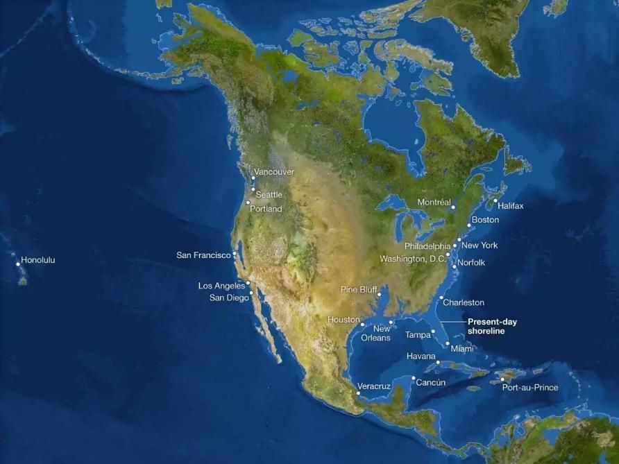 未来水世界?全球冰川融化后的世界地图