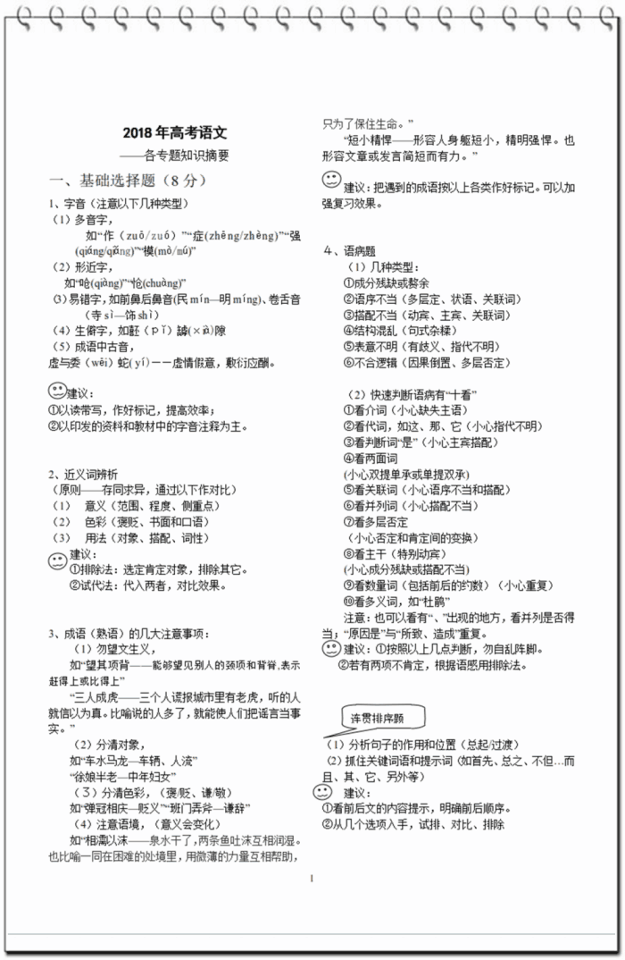 2018高考语文备考笔记, 重点专题知识摘要, 建