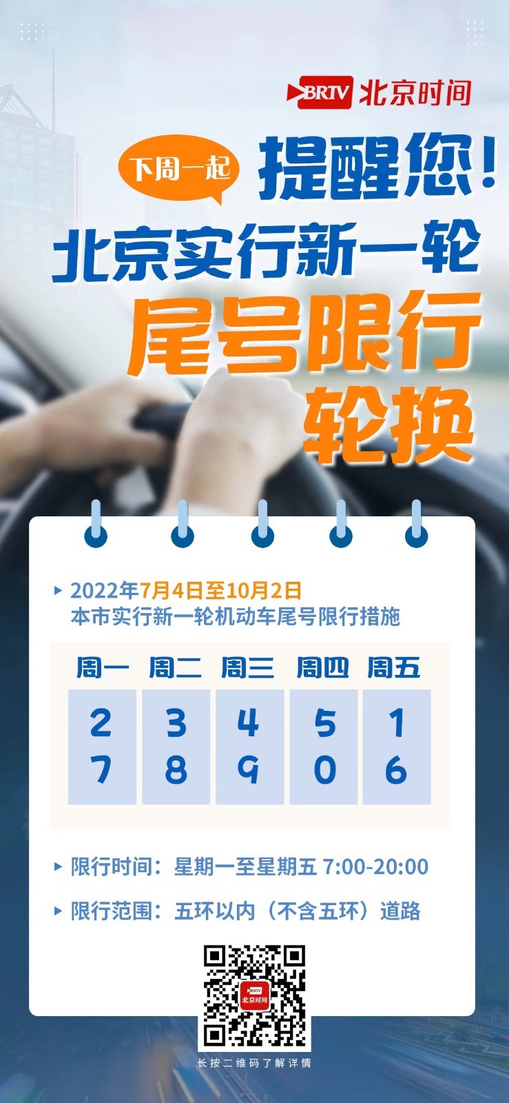 提醒！@北京车主 明日起机动车限行尾号轮换！明日限行2和7_北京时间