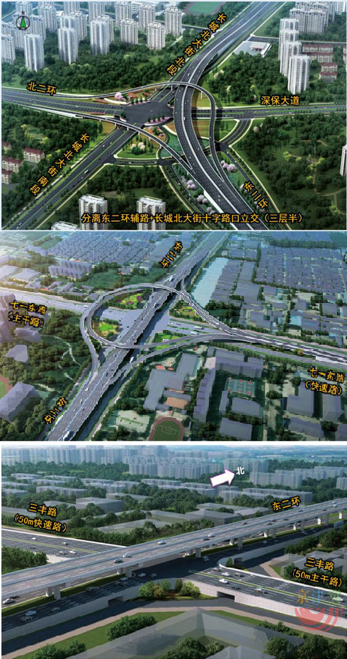 东二环三座立交桥的规划设计效果图,分别位于北二环,七一东路,三丰路