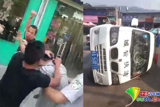 西瓜摊主占道经营遇城管 抗拒执法还掀翻执法车