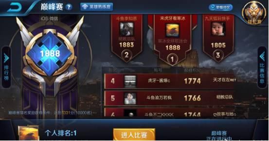 虎牙寒冰用杨戬登顶巅峰赛第一位置,粉丝满屏