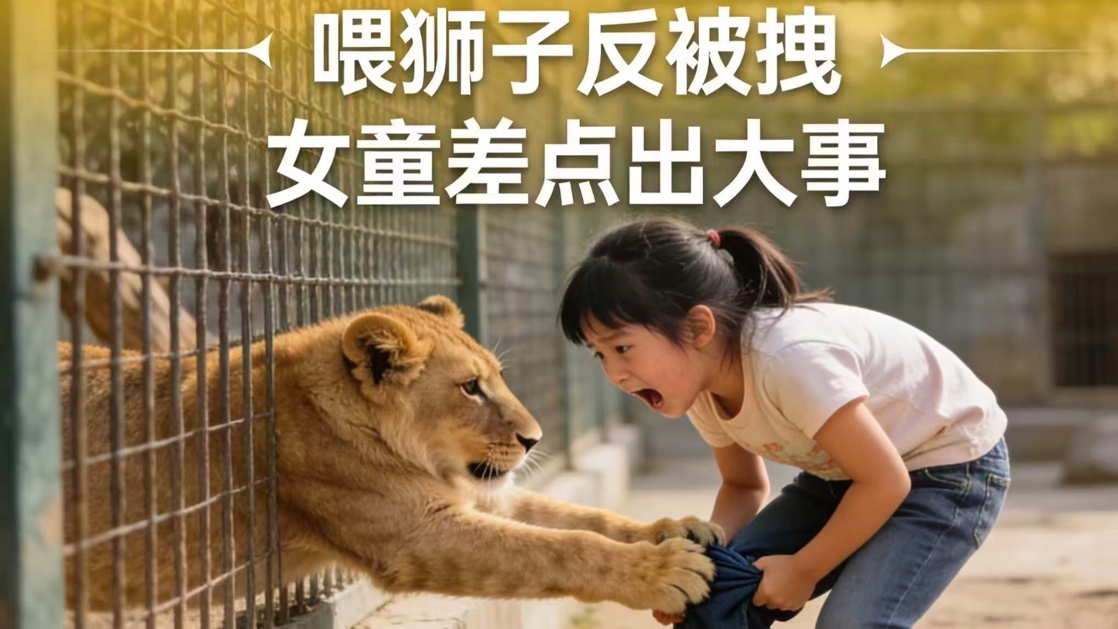 喂狮子反被拽，女童差点出大事