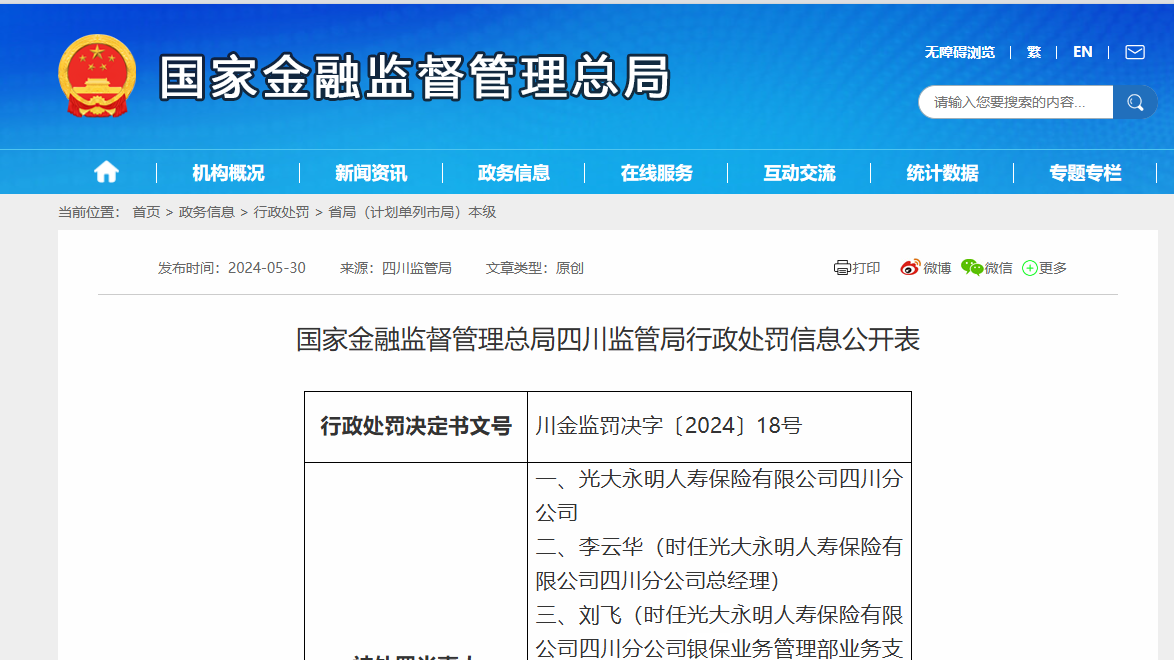 光大永明人寿四川分公司被处罚,2人被终身禁业 光大永明人寿四川分公司被处罚,2人被终身禁业