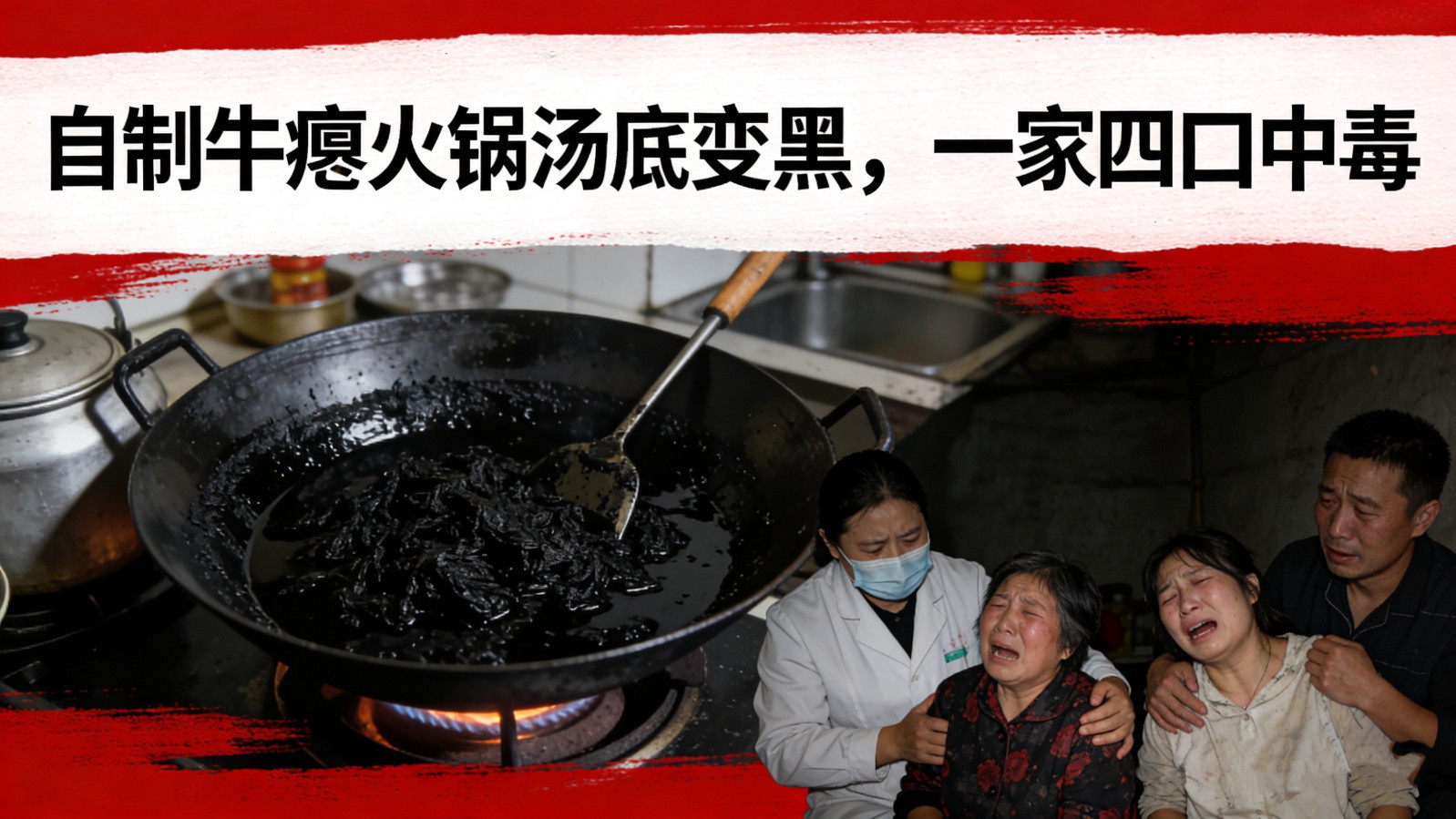 自制牛瘪火锅汤底变黑，一家四口中毒