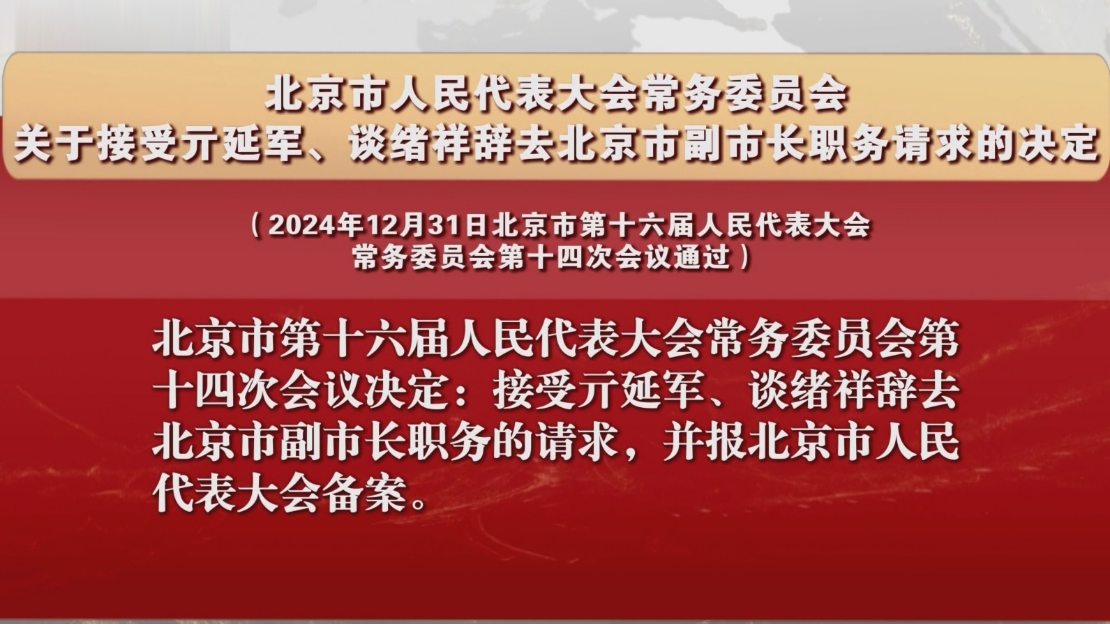 市人大常委会关于接受亓延军、谈绪祥辞去北京市副市长职务请求的决定
