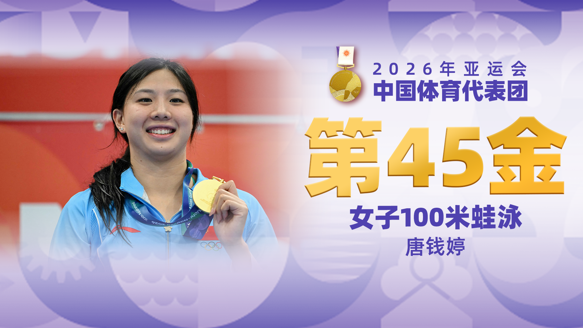 金牌时刻 | 中国代表团亚运会第四十五金！女子100米蛙泳金牌