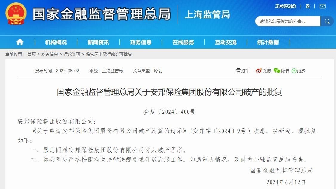 国家金融监管总局:原则同意安邦保险集团股份有限公司进入破产程序 国家金融监管总局:原则同意安邦保险集团股份有限公司进入破产程序
