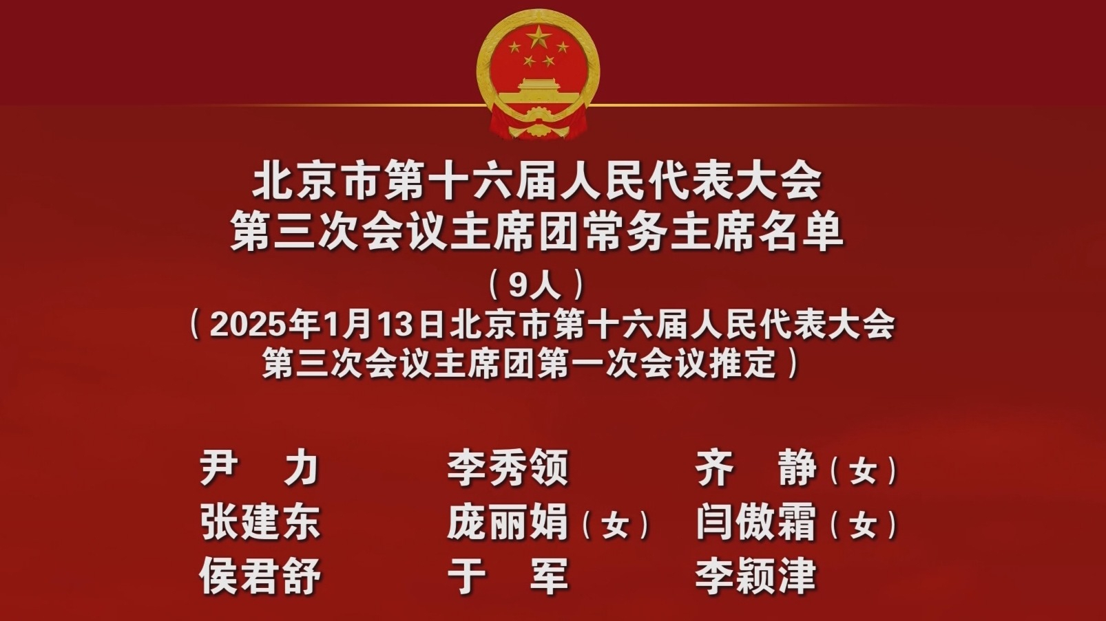 北京市第十六届人民代表大会第三次会议主席团常务主席名单